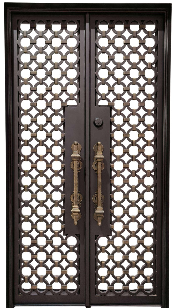 Arched Wrought Iron Double Entry Doors with Traditional Scrollwork and Clear Glass Panels Model # IWD 897