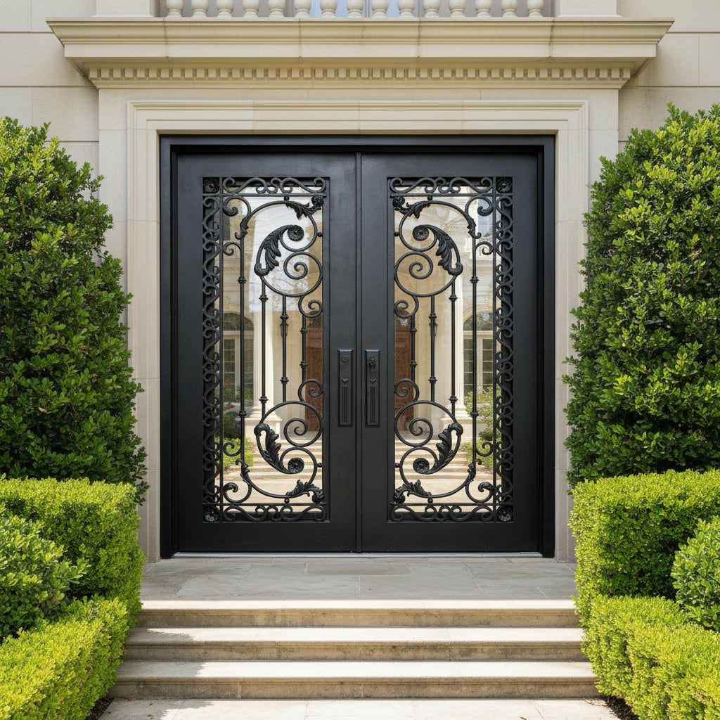 Wrought Iron Double Door with Square Top, Ornamental Scroll Vines, and Golden Rosette Medallions – Model # IWD900