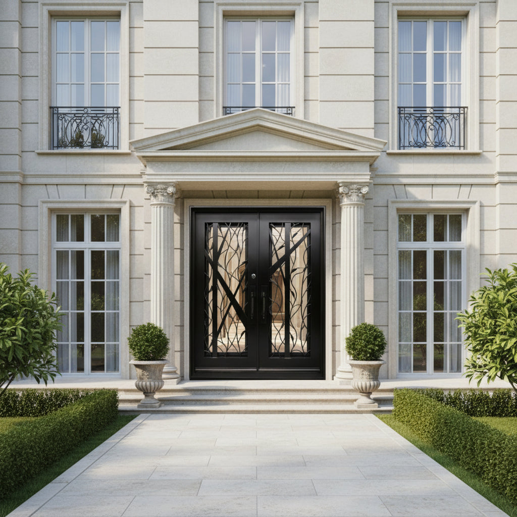 Plasma-Cut Square Top Steel Entry Door with Double-Pane Glass and Ornamental Detailing Model # IWD902
