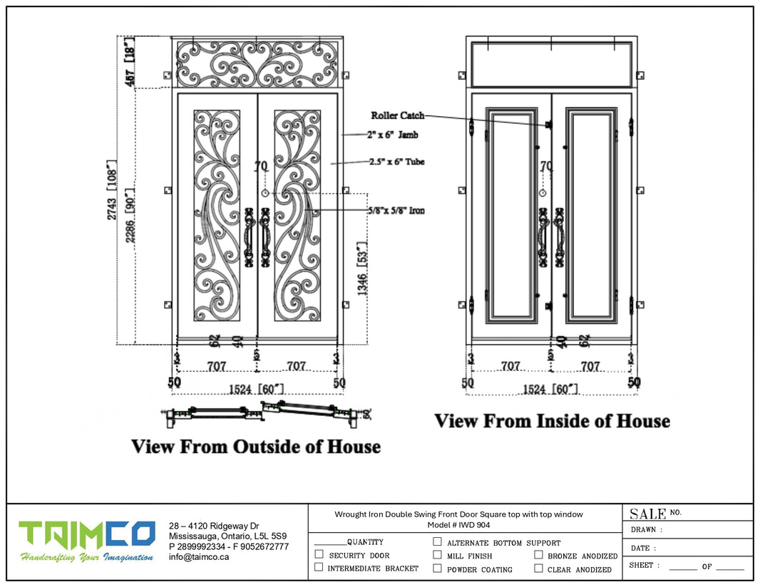 Square Top Wrought Iron Double Swing Doors with Arched Transom Window and Decorative Paneling Model # IWD 904