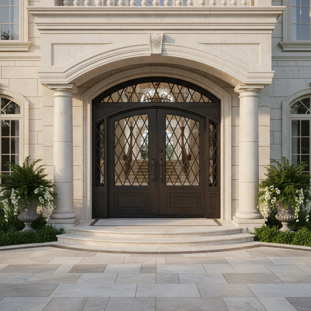 Square Top Wrought Iron Double Entry Doors with Vertical Scroll Panels and Transom Window Model # IWD933