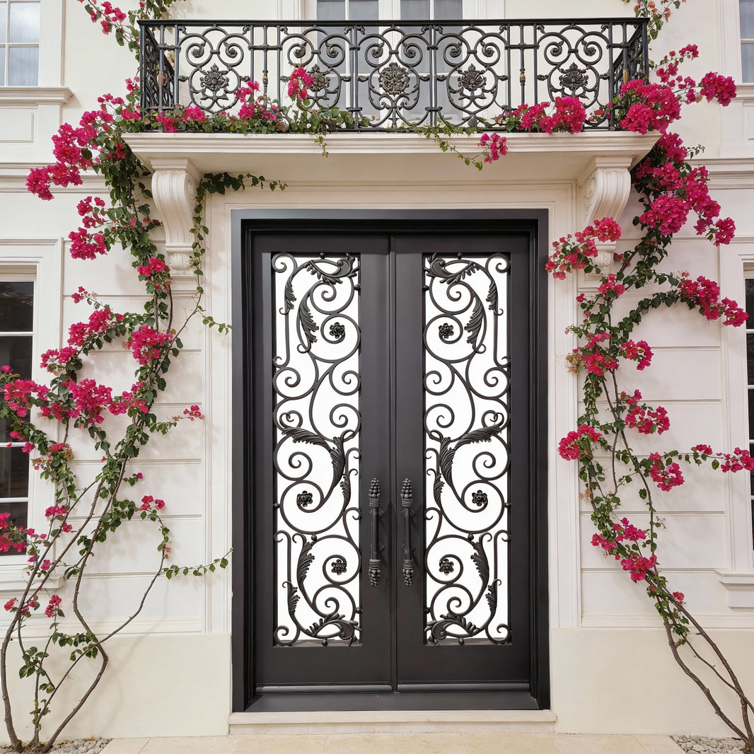 Wrought Iron Double Swing Front Door | Square top with top window | Model # IWD936