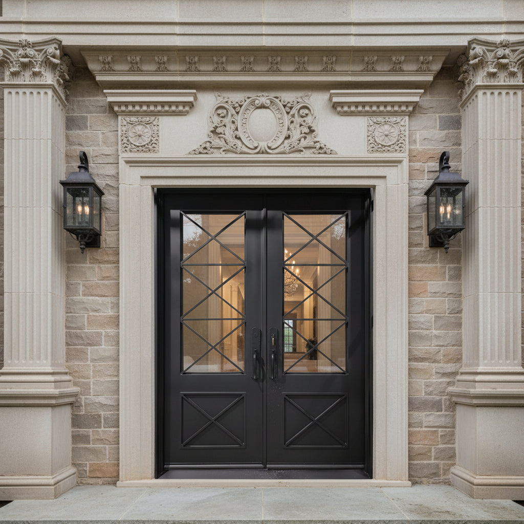 Wrought Iron Vatican Door with Square Top, Double Glass Panels, and Ornamental Kickplate – Model # IWD948
