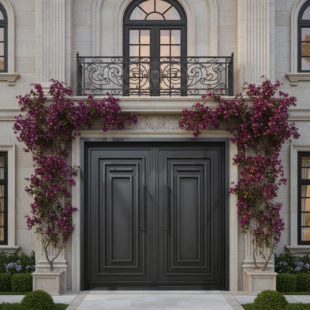 Arched Wrought Iron Double Entry Doors with Vertical Scroll Bar Detailing and Gold Accents Model IWD959