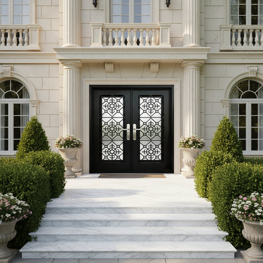 Wrought Iron Vatican Door with Square Top and Tiered Scroll Panels – Model # IWD966