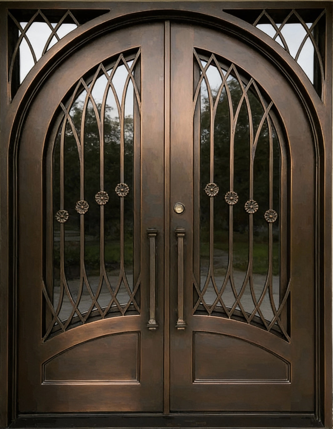 Arched Wrought Iron Double Door with Diamond Lattice and Scrollwork Design – Model # IWD967