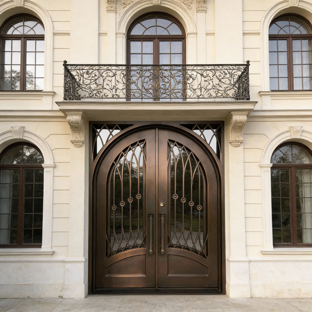 Arched Wrought Iron Double Door with Diamond Lattice and Scrollwork Design – Model # IWD967