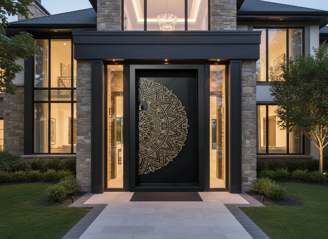 Mandarose Passage – Ornamental steel man door with golden mandala etching and black matte contrast  Model IWD973