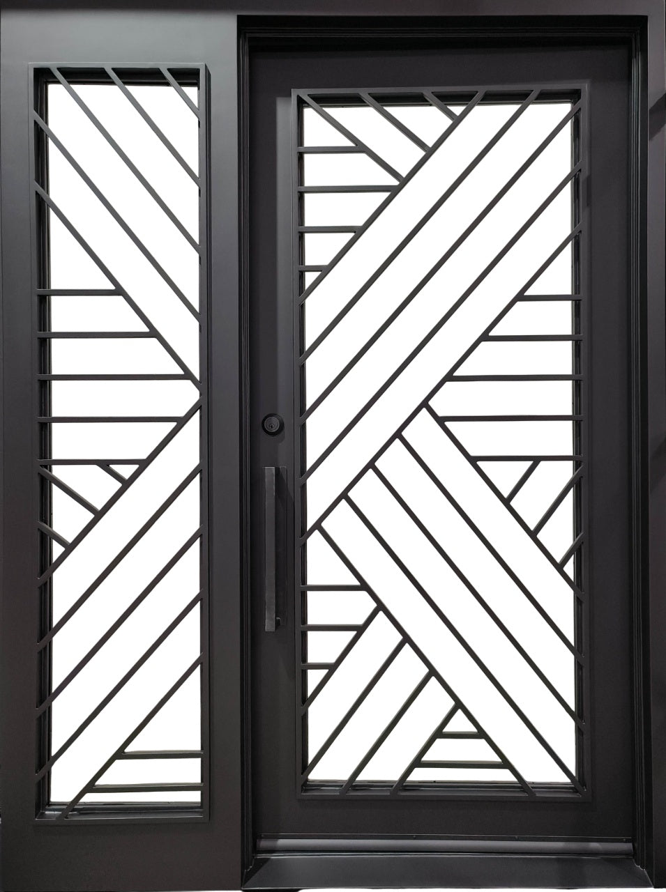 Modern Wrought Iron Door with Diagonal Lattice Design and Side Panel – Model # ID 977