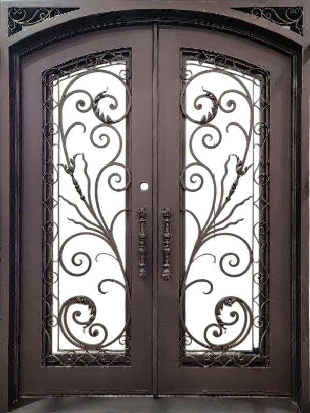 Arched Wrought Iron Double Door with Symmetrical Scrollwork and Rosette Accents – Model # IWD 978