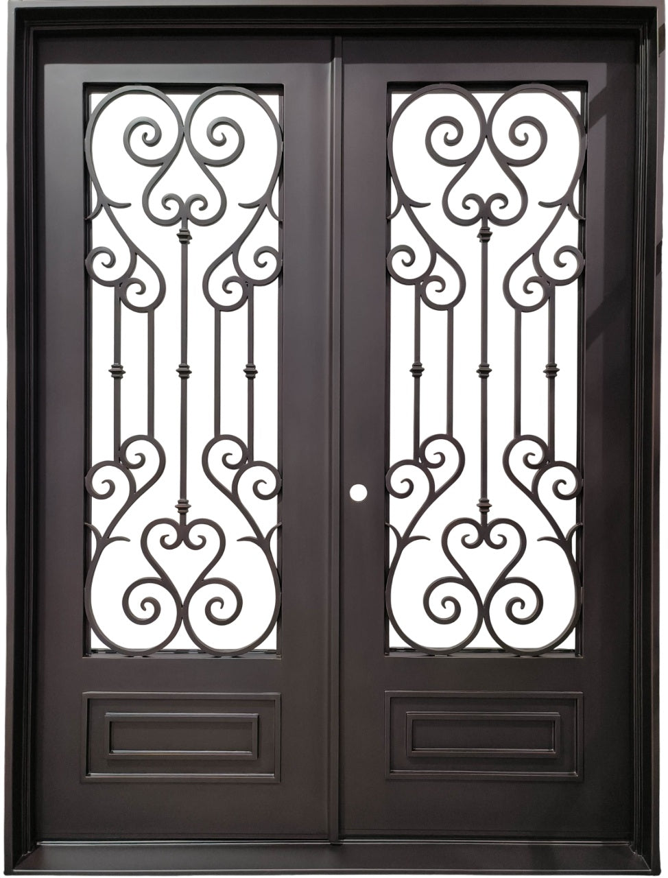 Wrought Iron Double Door with Ornamental Scrollwork and Central Rosettes – Model # IWD 981