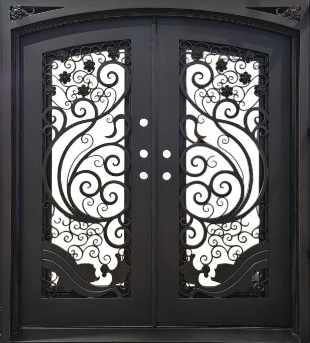 Arched Wrought Iron Double Door with Ornamental Scrollwork and Central Rosette Accents – Model # IWD 982