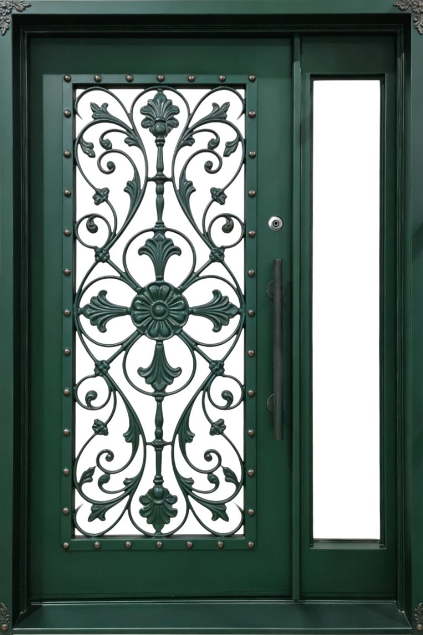 Laser-Cut Wrought Iron Door with Square Top and Decorative Kickplate – Model # IWD983