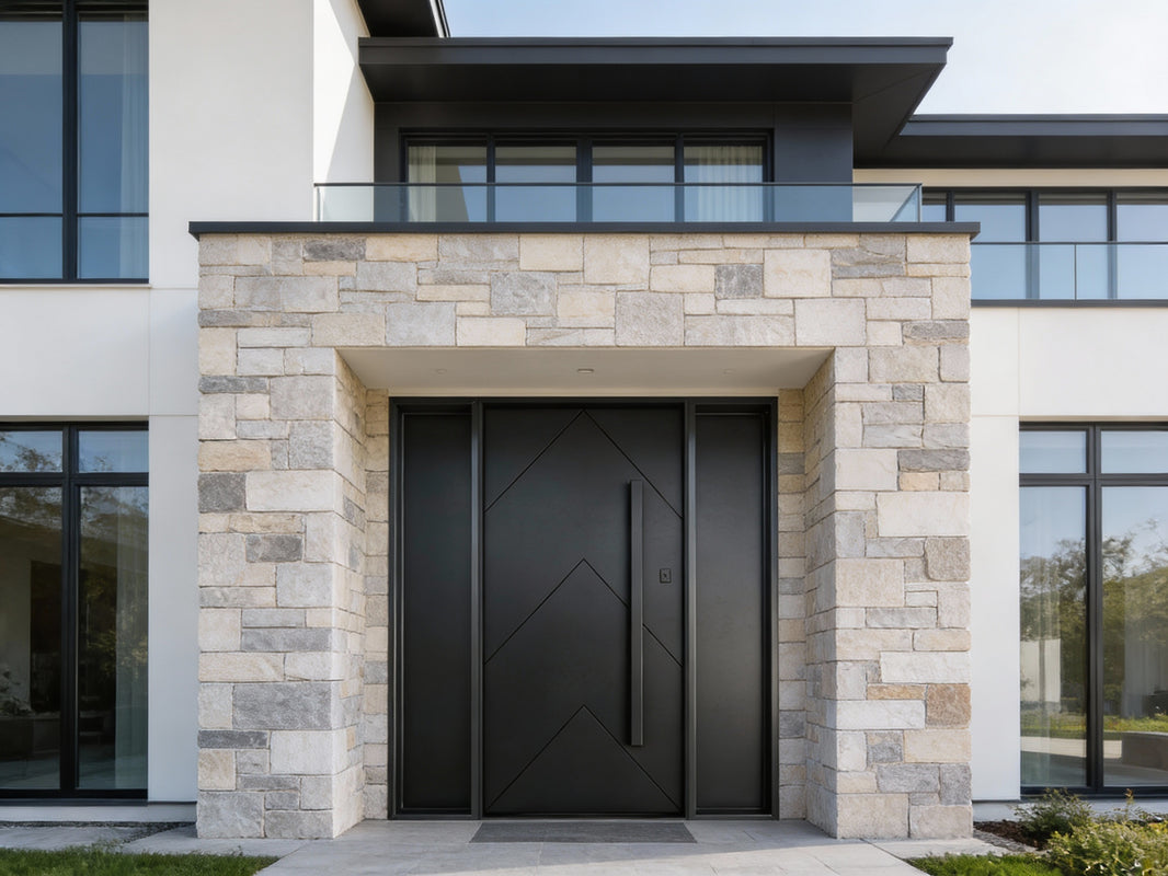 Modern Chevron Wrought Iron Entry Door Pre-Hung Steel Door with Vertical Pull Handle & Side Glass Panels Model # IWD986