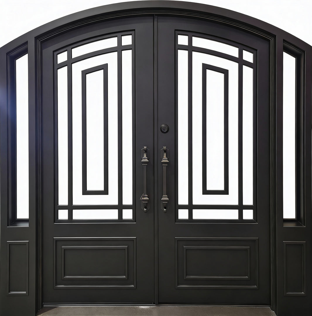 Wrought Iron Double Door with Square Top, Vine Scrollwork, and Center Medallions – Model # IWD990
