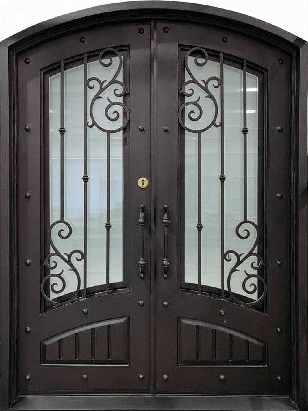 Elegant Arched Double Iron Doors with Scrollwork & Vertical Paneling – Dark Bronze Finish | Model IWD9900
