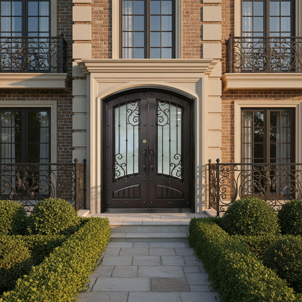 Elegant Arched Double Iron Doors with Scrollwork & Vertical Paneling – Dark Bronze Finish | Model IWD9900