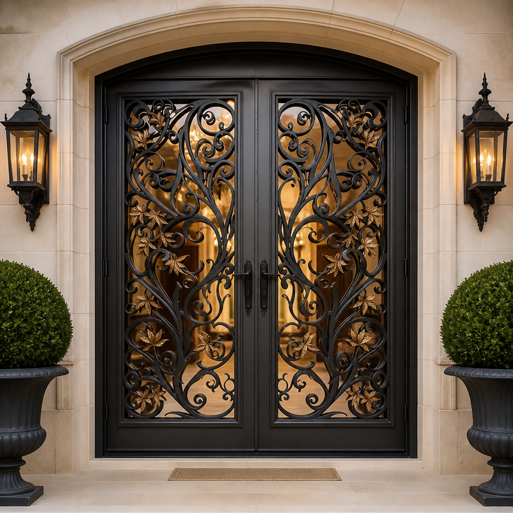 Decorative Wrought Iron Double Door with Gold Leaf Accents – TAIMCO Model IWD9901