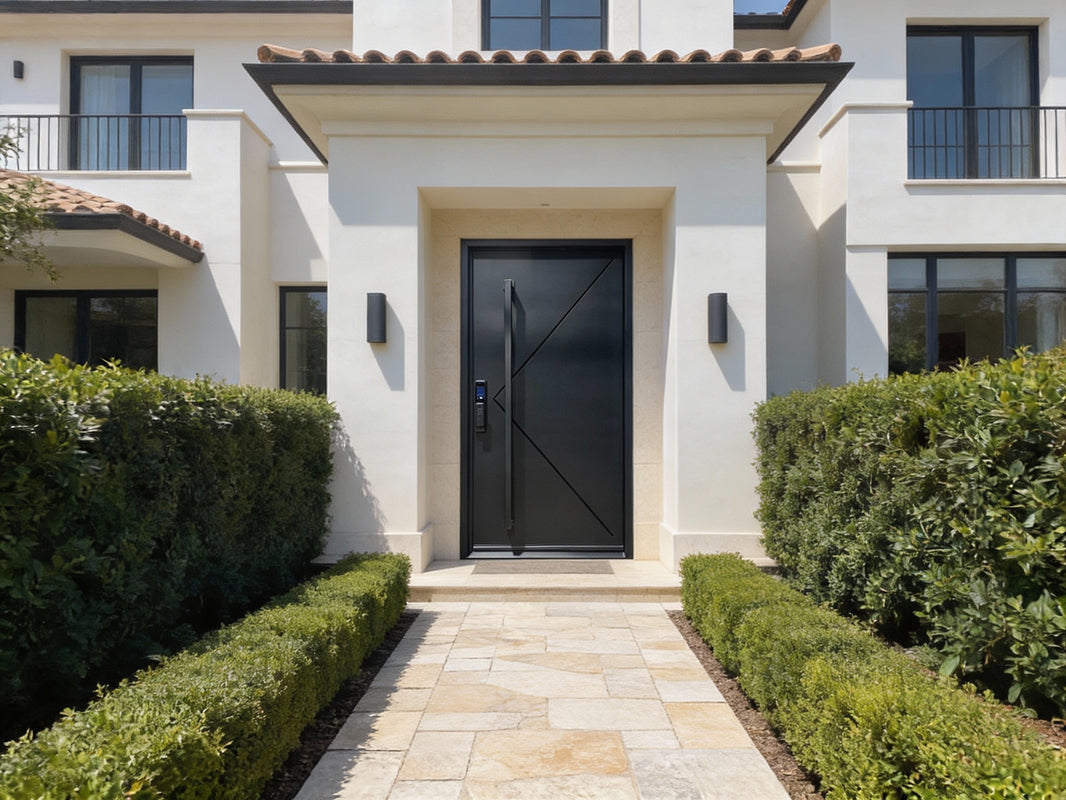 Contemporary Black Iron Entry Door with Diagonal Line Motif & Digital Lock – Model IWD991