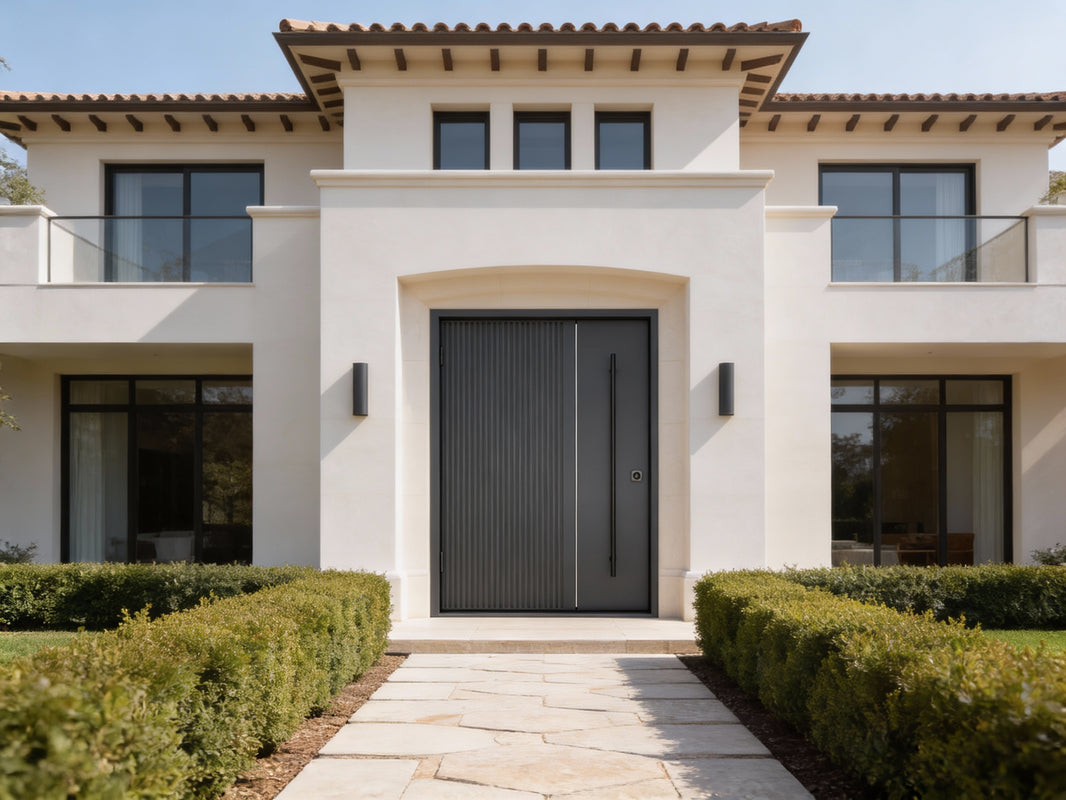 Vertical Ribbed Iron Entry Door with Smooth Panel Offset and Slimline Handle – Matte Black Finish | Model IWD993