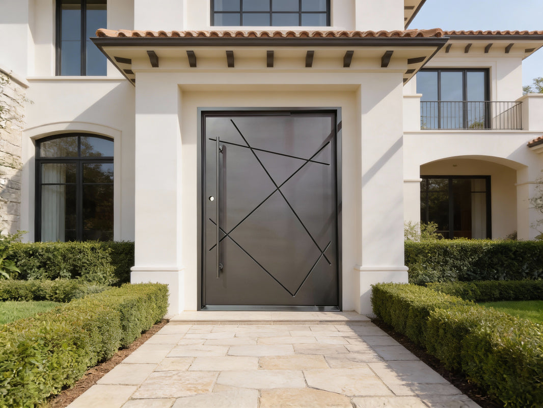 Modern Steel Pivot Entry Door – Square Top with Custom Horizontal Accent Design | Model # IWD994