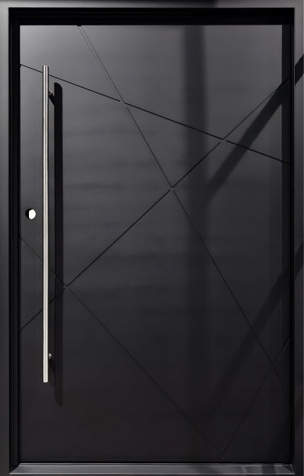 Modern Steel Pivot Entry Door – Square Top with Custom Horizontal Accent Design | Model #IWD 994