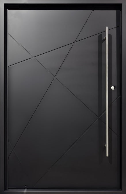 Modern Steel Pivot Entry Door – Square Top with Custom Horizontal Accent Design | Model #IWD 994