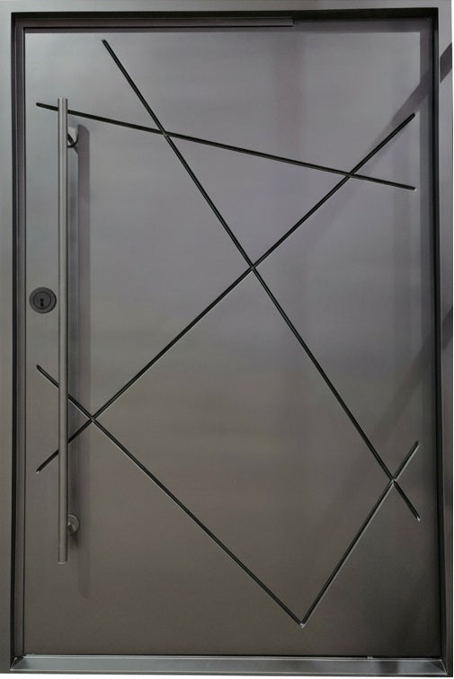 Modern Steel Pivot Entry Door – Square Top with Custom Horizontal Accent Design | Model # IWD994