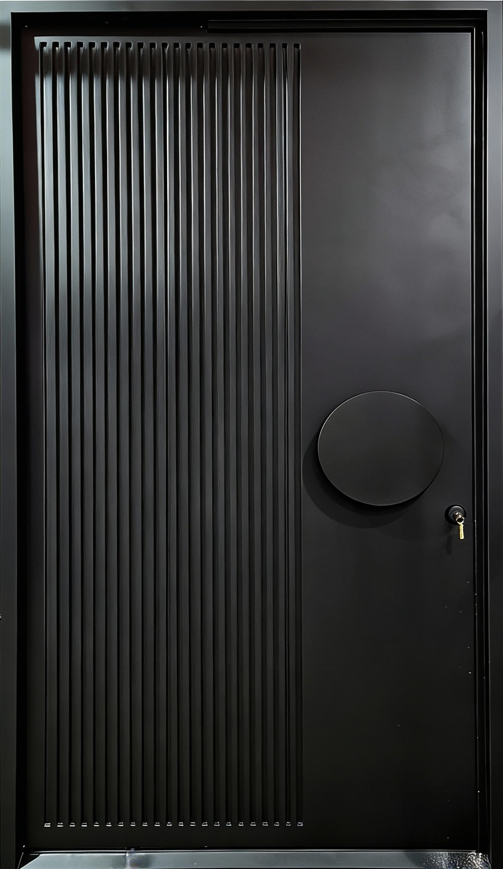 Minimalist Iron Front Door with Ribbed Texture and Oversized Circular Handle – Matte Black Finish | Model IWD995