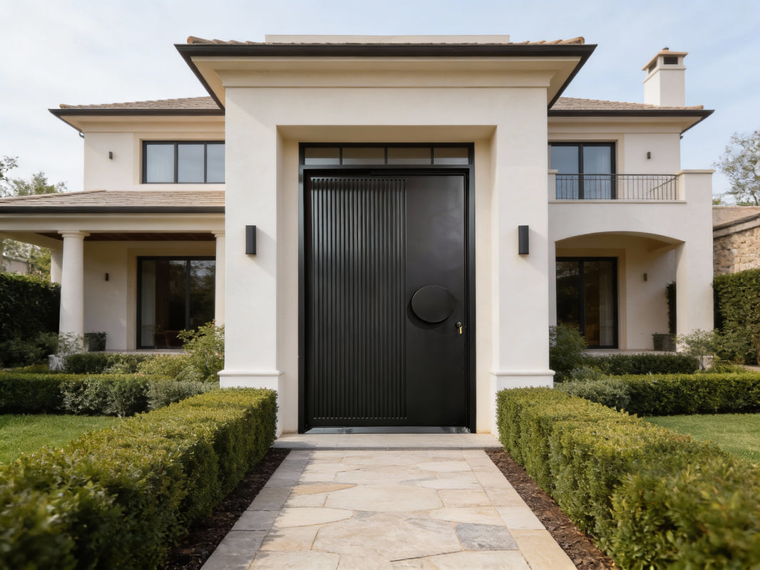 Minimalist Iron Front Door with Ribbed Texture and Oversized Circular Handle – Matte Black Finish | Model IWD995