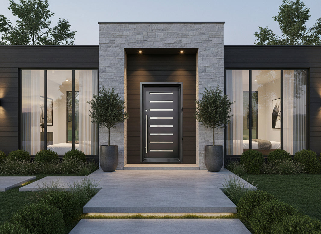 Modern Iron Door with Square Top – Horizontal Stainless Steel Accent Strips | Model # IWD998