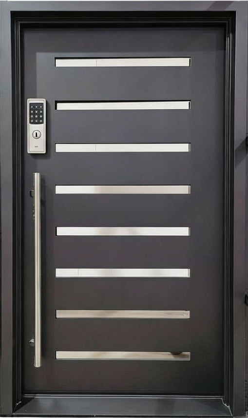 Modern Iron Door with Square Top – Horizontal Stainless Steel Accent Strips | Model # IWD998