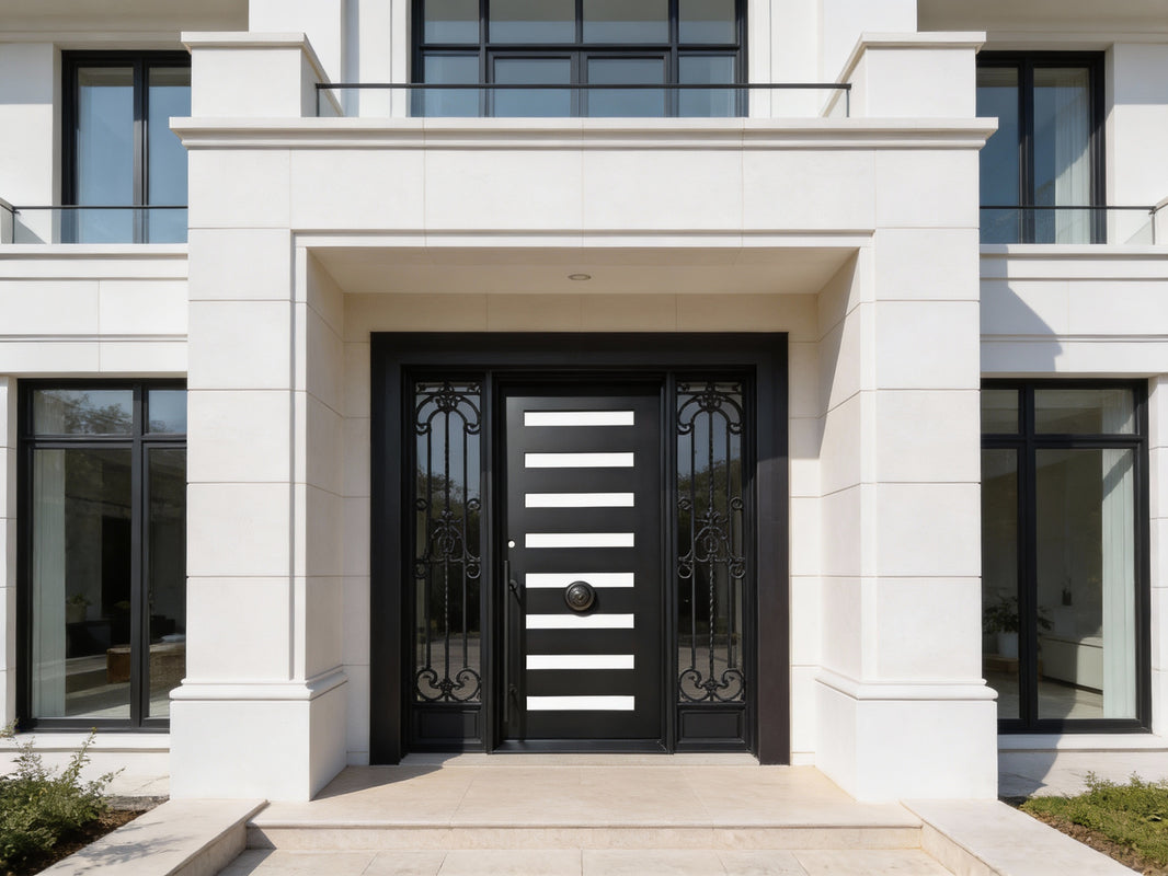 Modern Wrought Iron Door with Square Top and Horizontal Glass Panel Array – Model # IWD999