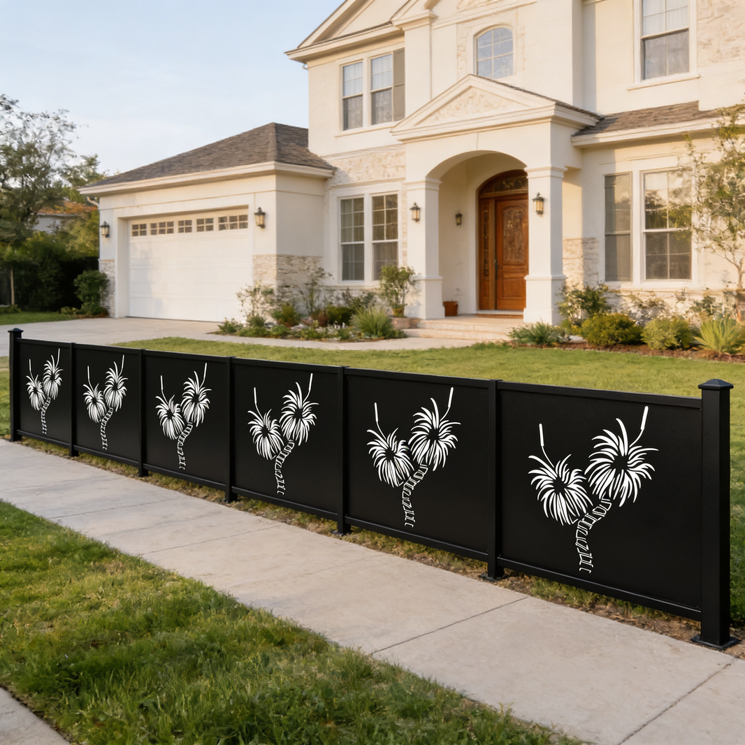 Twin Palm Tree Silhouette Plasma‑Cut Steel Fence Panel | Tropical Decorative Metal Privacy Screen Model # LFP1000