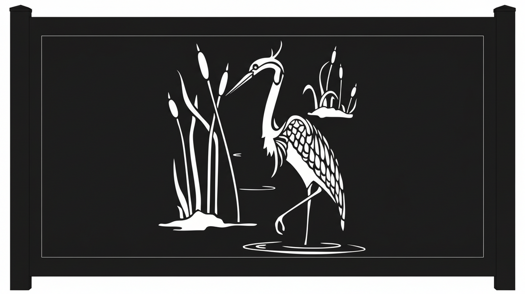 Heron With Cattails Silhouette Plasma‑Cut Steel Fence Panel | Nature‑Inspired Decorative Metal Privacy Screen Model # LFP1003