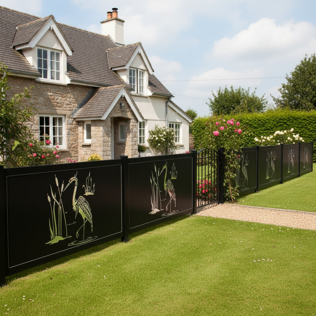 Heron With Cattails Silhouette Plasma‑Cut Steel Fence Panel | Nature‑Inspired Decorative Metal Privacy Screen Model # LFP1003