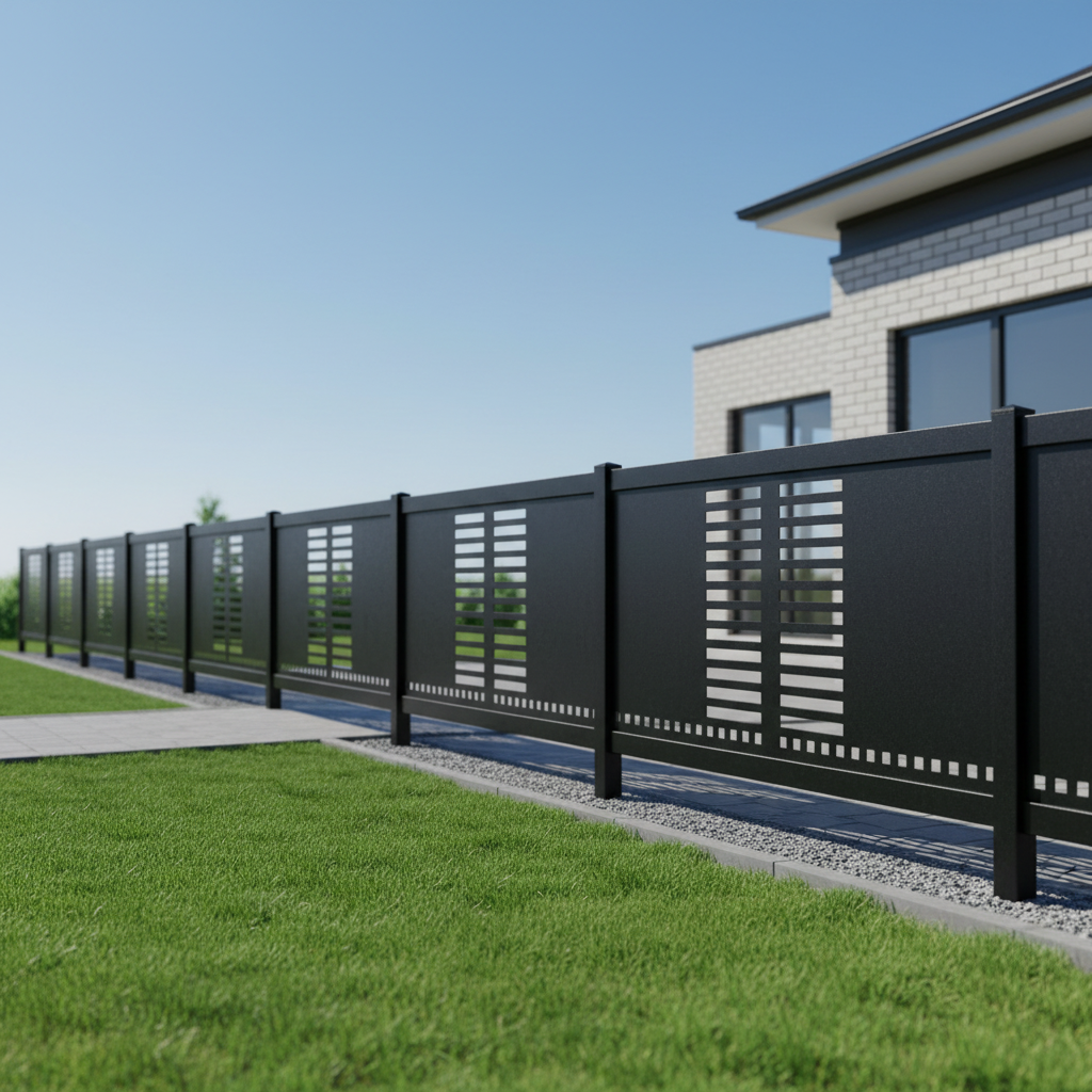 Modern Horizontal Rectangle Cutout Plasma‑Cut Steel Fence Panel | Contemporary Decorative Metal Privacy Screen Model # LFP1005