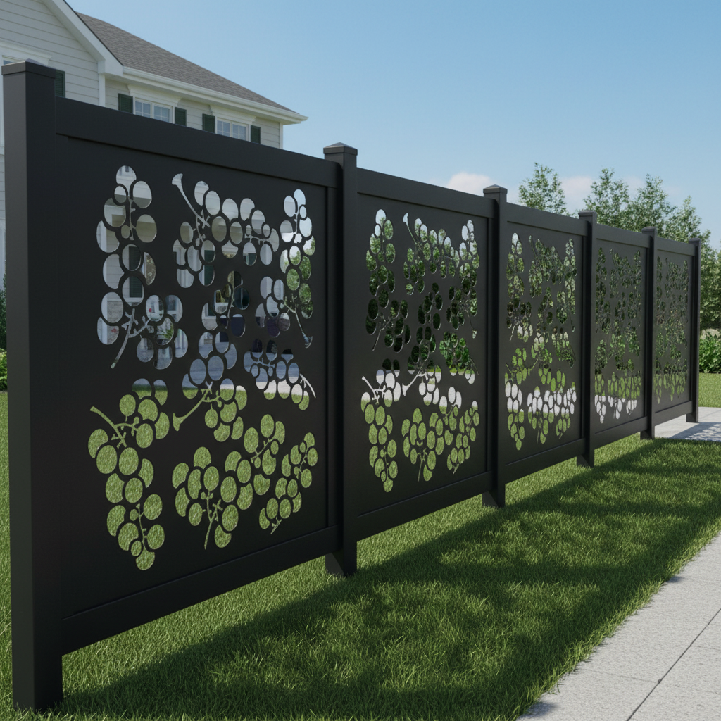 Grape Cluster Pattern Plasma‑Cut Steel Fence Panel | Decorative Vineyard‑Inspired Metal Privacy Screen Model # LFP1006