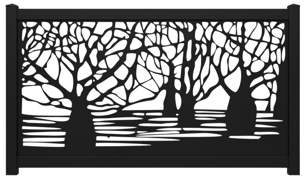 Tree Silhouette Reflection Plasma‑Cut Steel Fence Panel | Nature‑Inspired Decorative Metal Privacy Screen Model # LFP1020