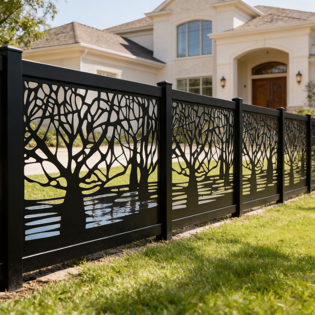 Tree Silhouette Reflection Plasma‑Cut Steel Fence Panel | Nature‑Inspired Decorative Metal Privacy Screen Model # LFP1020