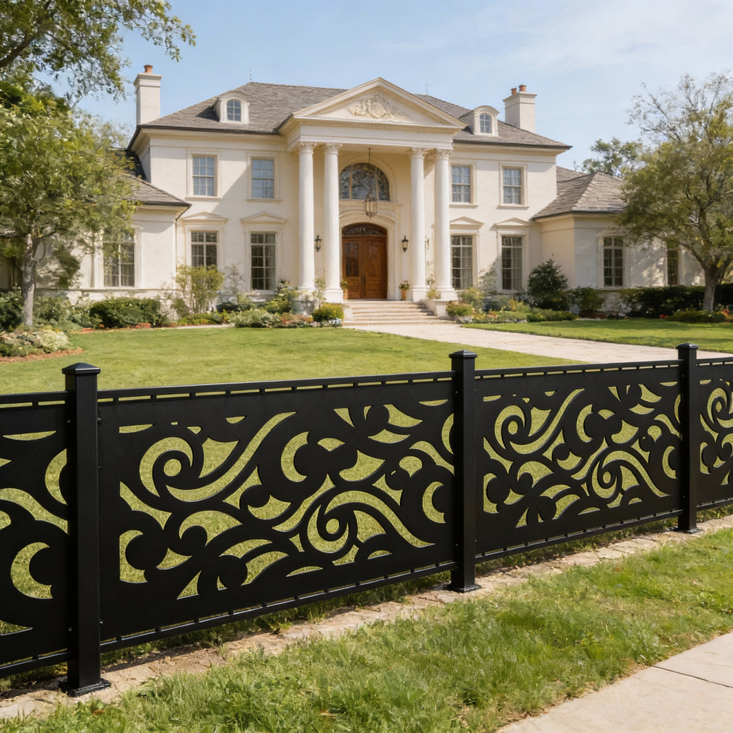 Abstract Swirl Vine Plasma‑Cut Steel Fence Panel | Decorative Modern Metal Privacy Screen Model # LFP939