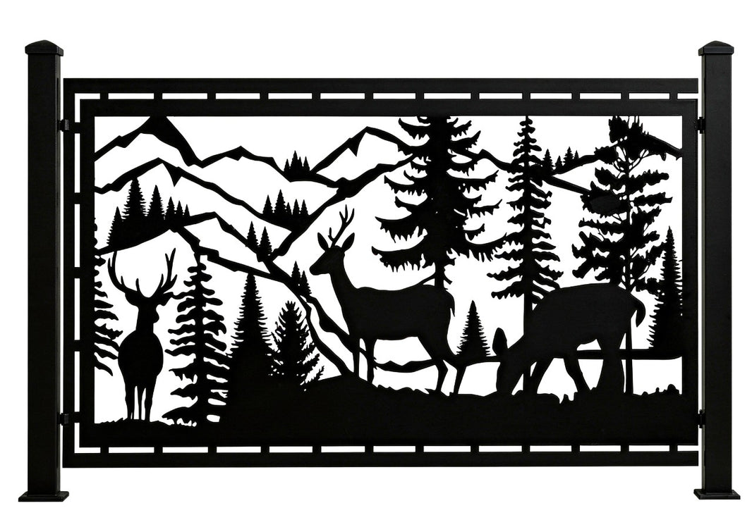 Deer Mountain Scene Plasma‑Cut Steel Fence Panel | Rustic Wildlife Metal Privacy Screen Model # LFP943