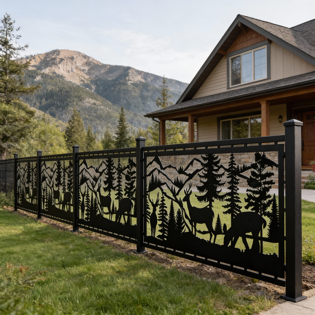 Deer Mountain Scene Plasma‑Cut Steel Fence Panel | Rustic Wildlife Metal Privacy Screen Model # LFP943