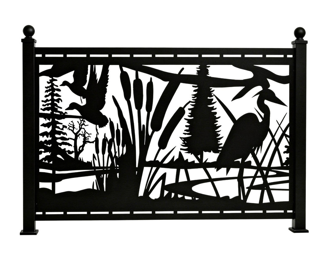 Wetland Wildlife Scene Plasma‑Cut Steel Fence Panel | Ducks, Heron & Cattails Decorative Metal Screen Model # LFP944