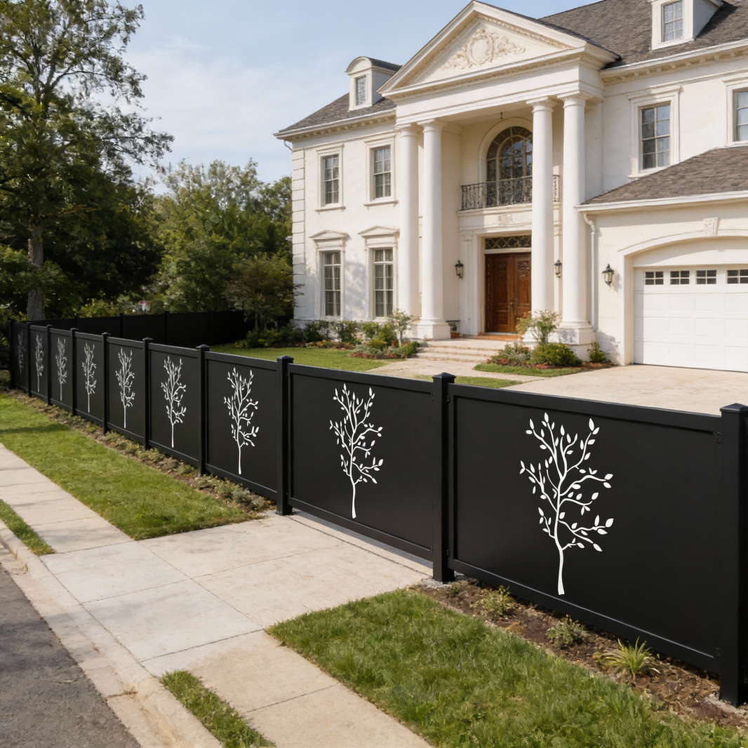 Elegant Tree Silhouette Plasma‑Cut Steel Fence Panel | Decorative Metal Privacy Screen Model # LFP948