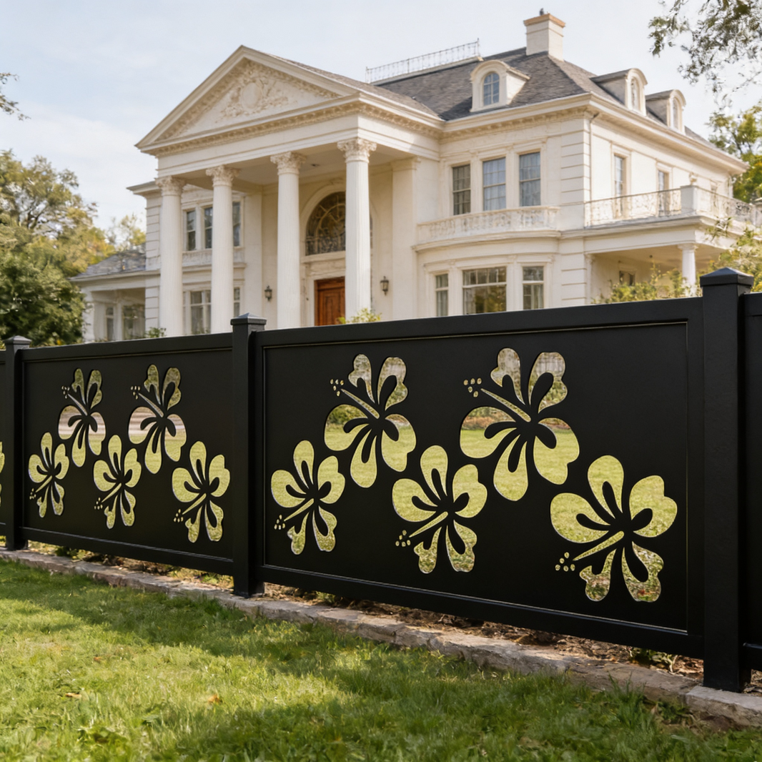 Hibiscus Flower Plasma‑Cut Steel Fence Panel | Decorative Floral Metal Privacy Screen Model # LFP951