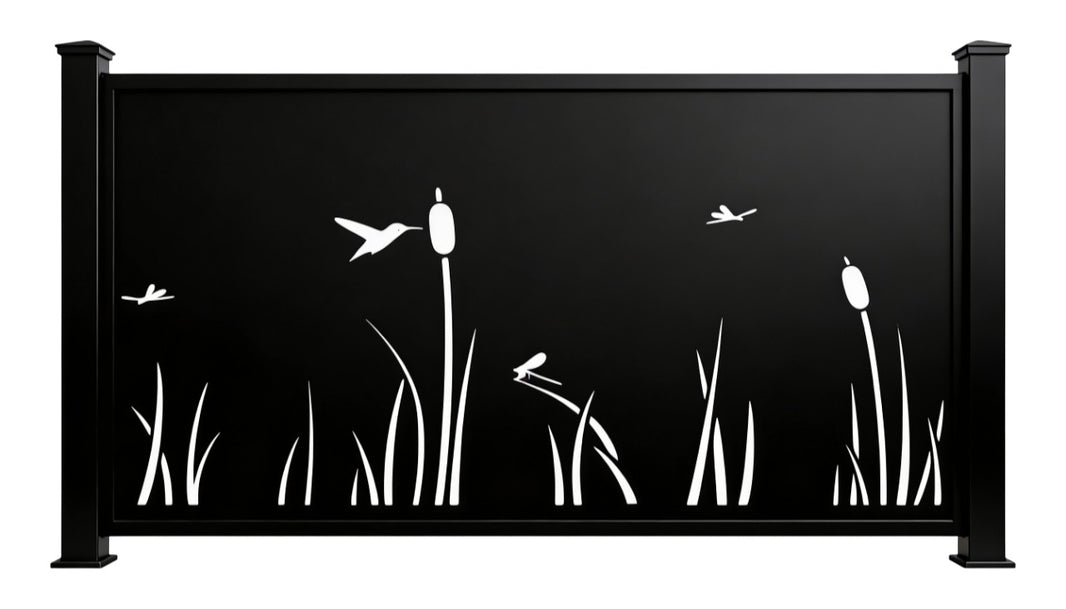 Nature Scene Plasma‑Cut Steel Fence Panel | Cattails, Dragonflies & Hummingbirds Design Model # LFP955