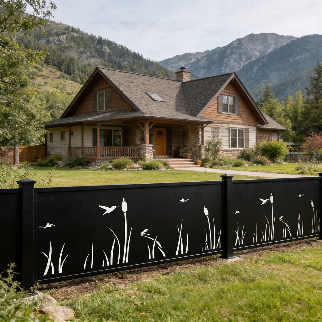 Nature Scene Plasma‑Cut Steel Fence Panel | Cattails, Dragonflies & Hummingbirds Design Model # LFP955