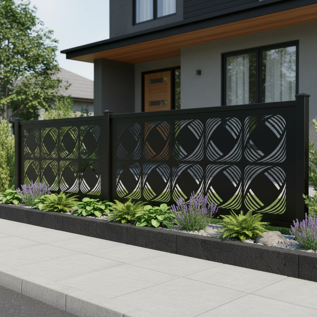 Geometric Swirl Grid Plasma‑Cut Steel Fence Panel | Modern Decorative Metal Privacy Screen Model # LFP956