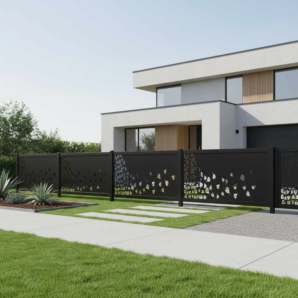 Leaf Scatter Plasma‑Cut Steel Fence Panel | Modern Decorative Metal Privacy Screen Model # LFP957